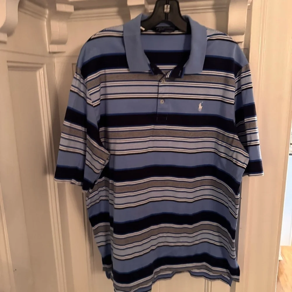 RALPH LAUREN POLO GOLF Mens Polo Shirt Blue, White, gray Stripe Sz L